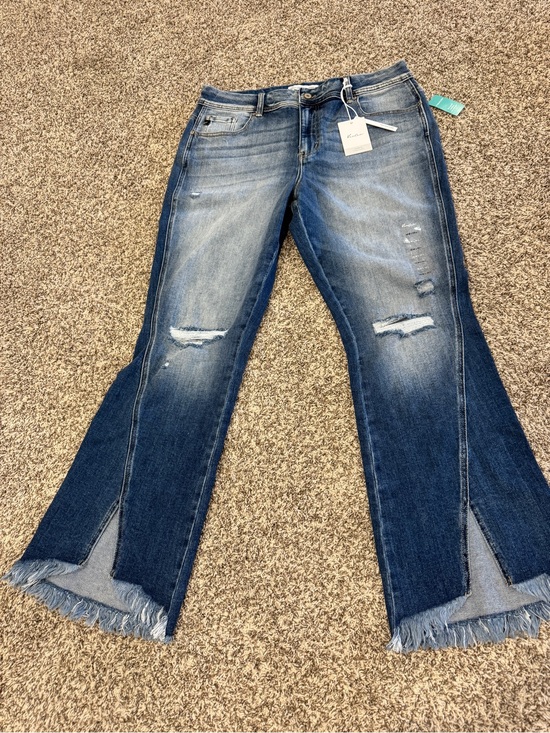 KanCan Denim - KanCan Two-Tone Blue Distressed Flare Jeans with Frayed Split Hem